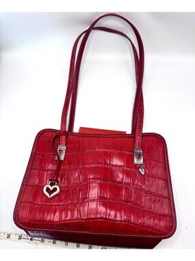 Brighton Purse Handbag Red Croc Embossed Leather Shoulder Heart Charms Plaid Lin